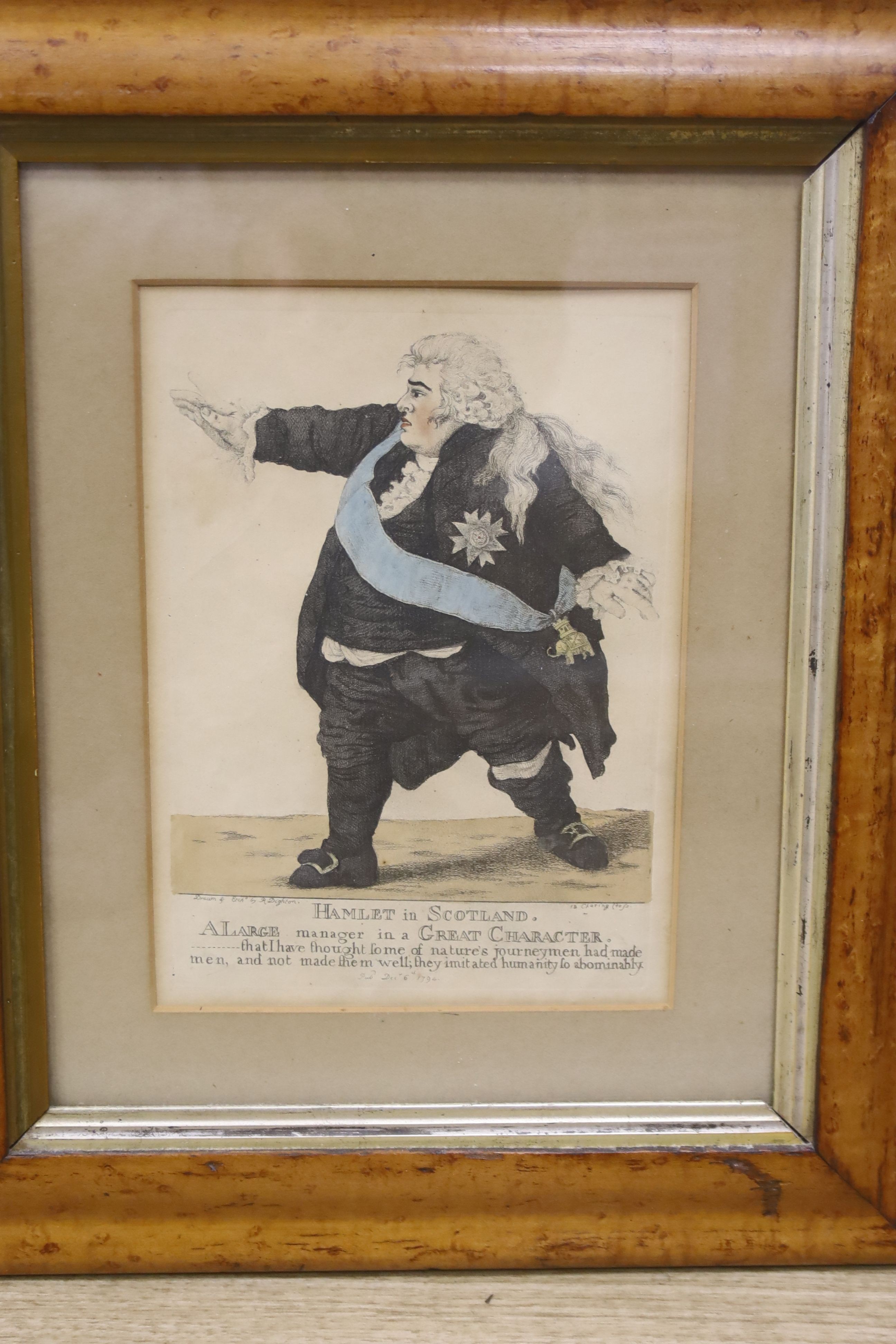 A pair of Georgian theatrical prints, Hamlet and Orlando, hand coloured detail, bird's eye maple frames